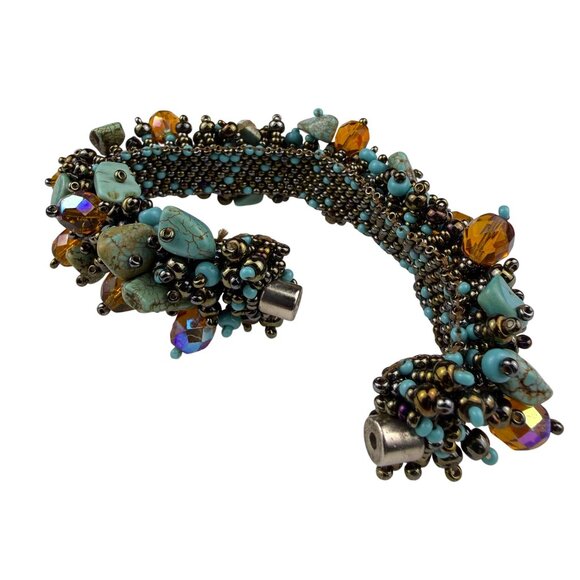 Vintage Capullo Magnetic Handwoven Seed Turquoise Beaded Bracelet - Picture 4 of 5
